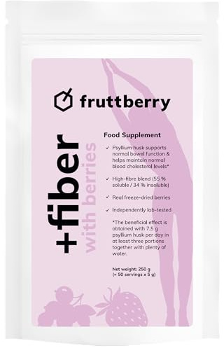 Fruttberry +Fiber – Integratore alimentare con 77% di fibre da buccia di semi di psillio, inulina e glucomannano – per digestione e saturazione normale – Fragola e ribes nero – 50 porzioni