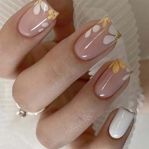 24PCS Yellow White Flower Short Square Press On Nails - Fresh Yellow & White Floral Design False Nails with Golden Glitter Accents, French Tip Summer for Women