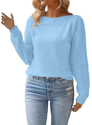 Jersey para mujer, elegante, cuello redondo, manga larga, casual, suéteres de punto grueso, térmico, otoño, cálido, elástico, cómodo, ajuste ajustado, camiseta de color sólido, Cielo Azul, M
