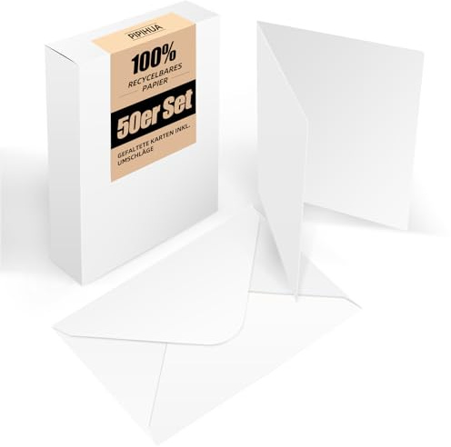 Set da 50 biglietti pieghevoli bianchi con busta: biglietti pieghevoli da personalizzare, scrivere o stampare per carta di auguri, cartoline e carta fatti a mano - DIN A6/C6, bianco