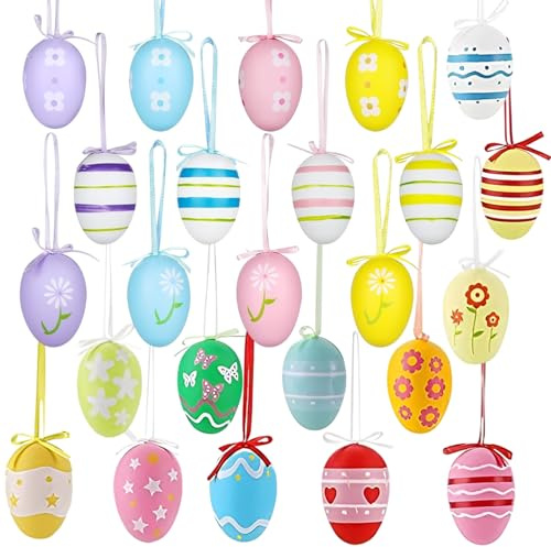 Moerstar 24 Pezzi Uova di Pasqua da Appendere, Uova di Pasqua Decorative Kit Uova di Pasqua Colorate per Decorazioni Pasquali Albero di Pasqua