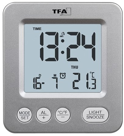 TFA Dostmann Reloj Despertador Digital de Viaje, 60.2567.54, termómetro Interior, indicador de Calendario (Fecha y día de la Semana), función de repetición, Reloj Radio, Color Plateado