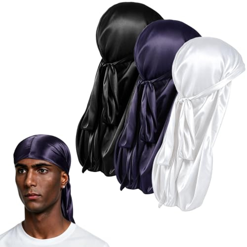 Wanme 3 Piezas Durag de Cola Larga, Sombrero Pirata, Durag de Seda Gorro de Onda, Hiyab Sedoso Unisex de Banda Ancha de Cola Larga, Durag Sedoso Transpirable para Hombre (Negro/Azul Marino/Blanco)