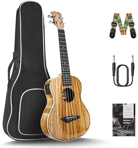 Caramel 26inch CT103 Zebrawood High Gloss Tenor Electric Ukulele Professional Ukelele Kit Beginner Guitar Starter Bundle Strings, Padded Gig Bag, Strap