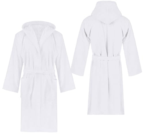 ETÉREA® Bademantel Damen & Herren flauschig aus Kuschelfleece [MIT KAPUZE] - Livie Sauna Bademantel 100% Baumwolle - Bathrobe Women - Saunamantel Unisex, weich & trocknet schnell - Weiss Größen L