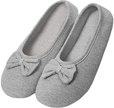Damen Mädchen Baumwolle Geschlossene Hausschuhe Weicher Ballerina Slippers mit Süßer Schleife Indoor Gemütlich Warme Slippers Leicht Hausschuhe für Schlafzimmer Wohnzimmer Büro (L, Grau, numeric_39)