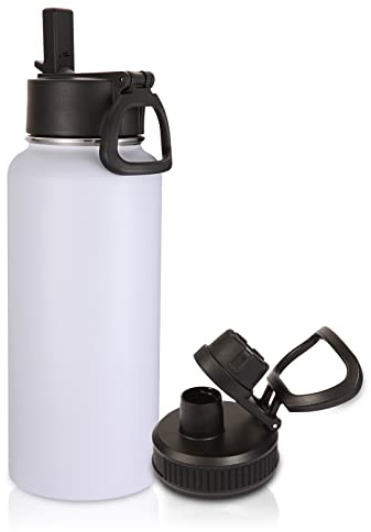 Volhoply 1 Litre Water Bottle with Straw & Spout Lid,Insulated Sports Water Bottle,Double Wall Vacuum Stainless Steel Tumbler,Leak Proof Wide Mouth Metal Flask,Keeps Cold or Hot for Travel (White,1)