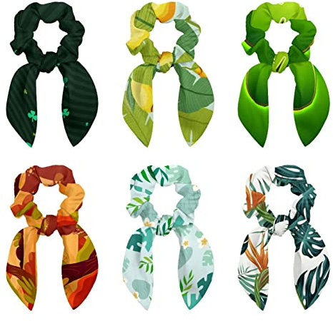 6 Pack Green Palm Leaves Yellow Lemons Scrunchies Hair Ties for Thick Hair, Hair Scrunchies with Bow for Women Girl, Ponytail Holders Bunny Ear Scrunchies Hair Accessories