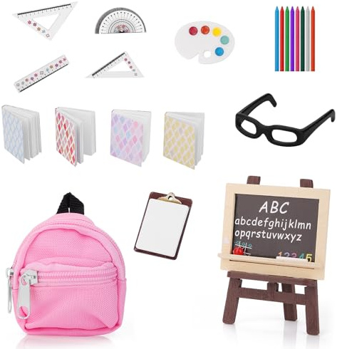 Andibro Lot de 22 poupées miniatures pour école, maison de poupée 1:12, mini fournitures scolaires pour la maison, modèle miniature à faire soi-même, décoration de poupée, livre, sac à dos, tableau