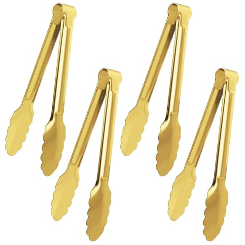 4 Pack Gold Serving Tongs XEVOM Buffet Tongs Serving Utensils Salad Tongs Stainless Steel Gold Plated Buffet Serving Tongs,9 Inch