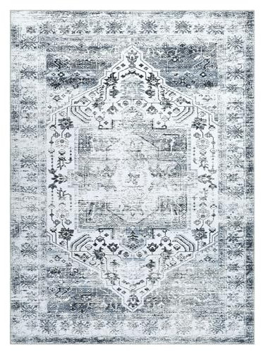 CAROMIO Washable Oriental Area Rug for Living Room Soft Carpet for Bedroom Waterproof Floral Distressed Indoor Stain Resistant Non-Shedding Floor Carpets Grey, 80 x 150 cm