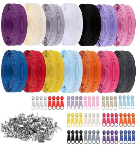 Gohytal Reißverschlüsse Set, 14 Farben 3mm Endlosreißverschluss Set mit Schieber und Reißverschluss, 39,2m Nylon Reißverschlüss Endlos Reißverschluss Teilbar für Nähen und Basteln Kleidung Bettwäsche
