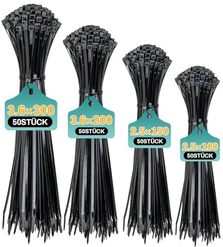REZOSY 200 Stück Kabelbinder Schwarz Set,100/150/200/300 mm(je 50 Stück), Verschiedene Größen Super Haltbar Selbsthemmend Kabelbinder für Kabelmanagement,Gartenarbeit,Wohnen,