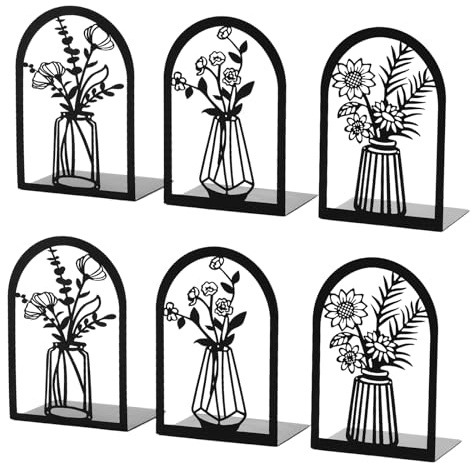 Bondream 3 Pair Metal Bookends,Decorative Book Ends for Shelves,Non-Slip Book Stopper for Heavy Books,Flower Shelf Holder for Home School Office