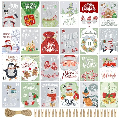 Diamond Painting Calendrier de l'Avent 24 cartes de Noël Diamond Painting Postarten Noël Cartes postales de Noël A6 avec pinces en bois et ficelle de jute de 10 m Kit de bricolage Cartes de vœux