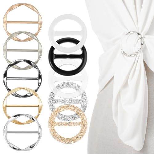 Nogeqi Lot de 10 anneaux d'écharpe en métal, clips d'écharpe à boucle de t-shirt colorés, clips de chemise ronds pour vêtements pour femmes, anneaux d'écharpe en résine plastique clips