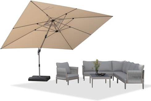 PURPLE LEAF Parasol Déporté 3 x 4 m Rectangulaire, Toit à Rotatif 360°, Protection UPF 50+, Parasol De Jardin Extérieur avec Poteau Champagne Suspendu en Aluminium, Pour Piscine, Terrasse, Beige