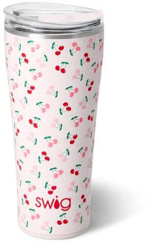 Swig Life 32oz Insulated Tumbler, Travel Coffee Tumbler with Lid, Cup Holder Friendly Travel Coffee Mug, Stainless Steel Thermos with Lid (Cherry Pie)