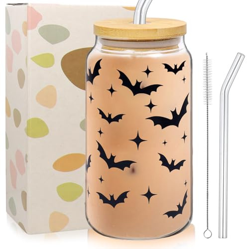 Gobelets d'Halloween, Halloween Tumbler Verre avec Motif de Chauve-Souris, Gobelets avec Couvercle et Paille - 500 ml, pour Café Glacé, Thé au Lait, Boissons Cola, Fêtes, Bars, Fêtes de Famille