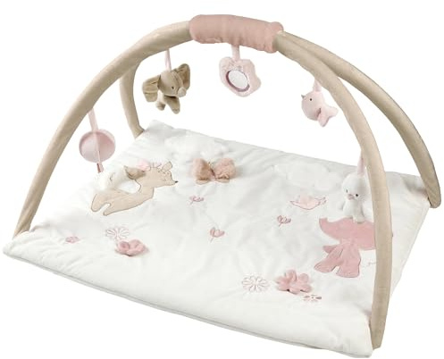 Nattou Coperta per Gattonare con Giochi a Sospensione e Varie Attività, Circa 70x80 cm, Rettangolare, 100% Poliestere, FanFan, Beige