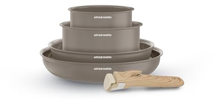 Arthur Martin - Batterie de Cuisine 5 Pièces en Aluminium 2,5 mm avec Revêtement Céramique, Poêles 22-26 cm et Casseroles 16-18 cm, Poignée Effet Bois, Tous Feux, Marron
