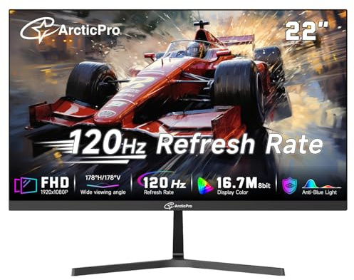 ArcticPro 22 inch 120Hz Monitor, Full HD (1920 x 1080p) Computer Monitor, 99% sRGB, 4000:1 Contrast, 3-Sided Frameless, Ultra Slim, VESA, LowBlue Mode, Tilt Adjust, HDMI *1, VGA*1