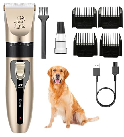 Professional Pet Clippers for Medium to Thick Coats – Rechargeable, Low-Noise Cordless Grooming Kit for Dogs, Cats & Small Pets, Ceramic Blade with 4 Guide Combs & Adjustable Trimmer for Home Use