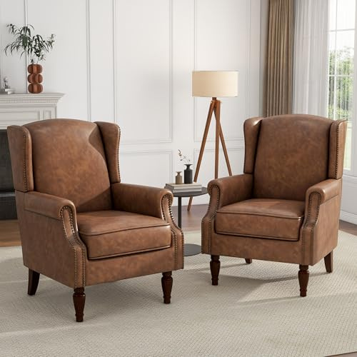 UIXE Faux Leather High Back Accent Chairs Set of 2, Retro Wingback Chair Upholstered Armchair for Living Room, Nailhead Trim Single Sofa Bedroom Reading Seat with Solid Wood Legs - Brown