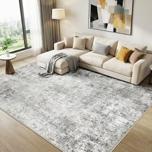 DEFYNEE Wohnzimmer Teppich 150 x 210 cm | Rutschfester Kurzflorteppich in abstraktem Design | Waschbar für Schlafzimmer & Homeoffice, Grauweiß