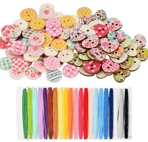 Lot de 150 Boutons en Bois à 2 Trous, 100 Ronds 15 mm et 50 Cœur 14 mm x 16,5 mm, Boutons Mercerie pour Couture, Vêtements, L'artisanat, Bricolage, avec un Nuancier de Fils à Coudre de 21 Couleurs