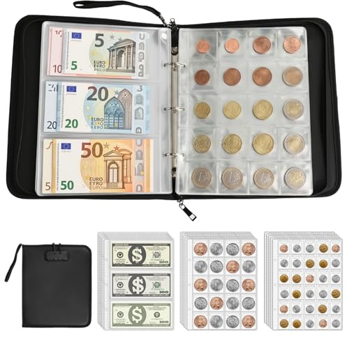 QWORK® Álbum de monedas ignífugo con cerradura de combinación, 400 compartimentos carpeta impermeable, para monedas y billetes, para medallas y sellos