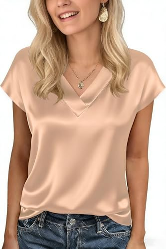 Xiaoliny Womens Tops Short Sleeve Satin Blouse V Neck Silk T Shirts for Women Loose Fit Summer Top Elegant Cap Sleeve Tee Shirt Solid Color Smooth Ladies Going Out Tops for Evening Party Office Wear
