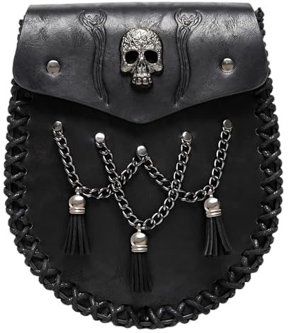 Sporran para Falda Escocesa, Bolsa de cinturón Medieval, Bolsa de cinturón de Cuero con Relieve de Calavera gótica con Cadena y borlas, de Cintura/Cabestrillo Convertible - Negro.