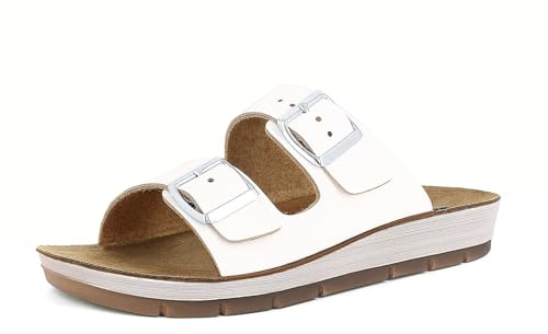 Ciabatte Donna a Doppia Fascia con Maxi Fibbie e Plantare in Vera Pelle, Bianco, 38