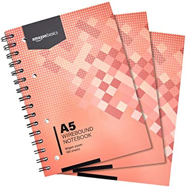 Amazon Basics Spiral-Notizblock, 100 Blatt/200 Seiten, A5, 80 GSM, 3 Stück, Red