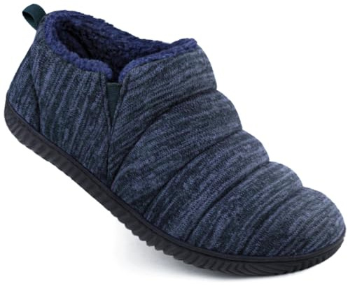 Zizor Men's Comfy Caterpillar Slippers Indoor Outdoor House Shoes, Warm Soft Knit Upper Fuzzy Fleece Lined Memory Foam Sole with Hard Bottom, Navy, 11 US