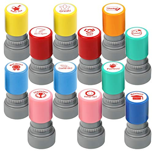 VGOODALL, 12Pcs Colorful Self Inking Teacher Stamps, Rubber Stamp Set for School, Reward Stamp for Kids Education, Pre Ink Stamp for Review, Prizes, Birthday Party