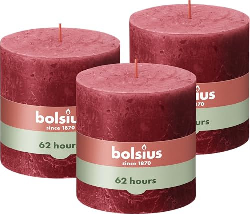 Bolsius Rustik Stumpenkerze XXL - Rot - Set 3 Stück - Dekorative Haushaltkerzen - Länge Brenndauer 62 Stunden - Unparfümierte - Natürliches Pflanzenwachts - Ohne Palmöl - Extra Large - 10 x 10 cm
