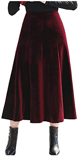 Lazutom Gonna midi a vita alta da donna in velluto a pieghe con gonna a pieghe per cocktail e feste casual, Rosso, 42