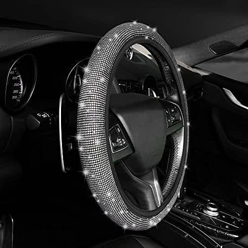 URAQT Coprivolanti per Auto, Coprivolante Universale 36-38 cm, Coprivolante Auto con Bling Bling Scintillante Strass per la Maggior Parte delle Automobili (Bianco)