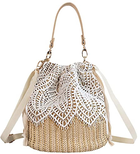 Anopo Paja Bolso Hombro Mimbre Cordón Mujeres Bolso Tejido Verano Ratán Boho Vacaciones Cubo Hoja