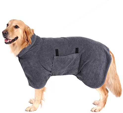 PETTOM Hundebademantel, Bademantel Hund Extra Saugfähig, Hunde Bademantel Mikrofaser Schnelltrockend, Hundetrockenmantel für Große Hunde (XL, Grau)