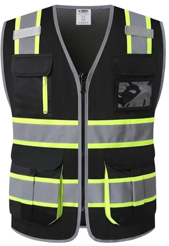 JKSafety 9 Pockets Hi-Vis Mesh Safety Vest for men and women | Chaleco reflectante de seguridad | Zipper Front | Multiple Pockets | Class 1 (140-Black L)