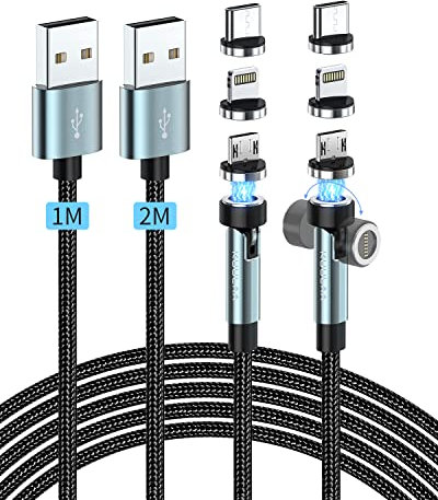 Kuulaa Magnetisches Ladekabel, 3 in 1 Magnetisches Ladekabel, 360°&180°Magnetkabel,3A Schnelllade & Datenübertragungs Ladekabel Magnetisch für Micro USB/Typ C/iProducts/Huawei (1M+2M)