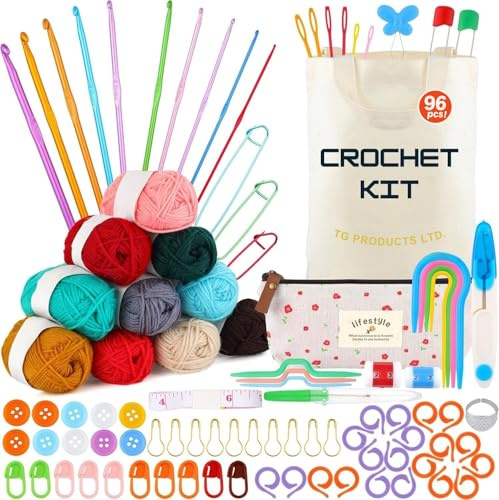 Crochet kits for beginners adults , Crochet kit 96 Pcs , 10 crochet hooks 2-6.5mm and more | Beginner crochet kit for Adults and Children | Set with Storage Bag, Wool and Knitting Accessories