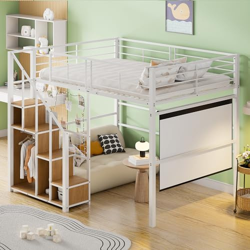 Merax Lit Mezzanine 1 Place 140 x 200 cm, Multifonctionnel Lit Mezzanine Enfant avec Escaliers et Rangement, Métal, Blanc (sans Matelas)