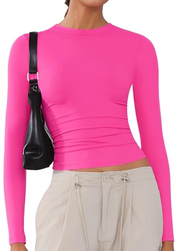ARCFEETORY Women's Soft Long Sleeve Shirts Crew Neck Tops Basic Tees Stretchy Going Out Crop Tops Y2K Slim Fit T-Shirts Hot Pink L
