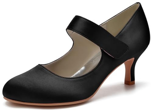 HQINGAXU Women's Elegant Kitten Heel Mary Jane Shoes Satin Mid Heels Wedding Bridal Shoes Round Toe Sandals Slip on Dress Party Office Pumps,Black,5 UK