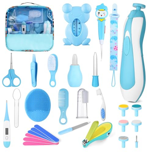 HAGOT Baby sjukvård och skötselkit, nyfödd babyvårdstillbehör med hårborste, kam, nagelklippare, termometer, för nyfödda flickor pojkar (30-i-1, blå)
