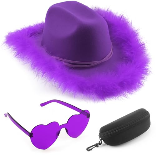 DRESHOW Cappello da Cowboy Donna con Piume Soffici Cappello da Cowgirl con Cuore Occhiali da Sole Set Cappelli da Cowboy in Feltro Occidentale per Cowgirl Costume di Halloween Compleanno e Addio al